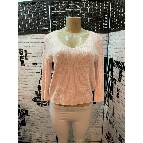 Lauren Ralph Lauren L Pink Textured V-Neck 3/4 Sleeve Crop Top - Picture 1 of 5